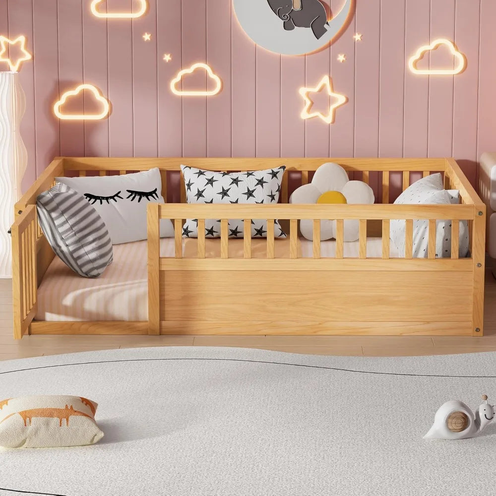 Full Size Floor Bed Frame with Convertible Door & Guardrails for Girls & Boys Bedroom, Montessori Bed/Near Ground Safety Design
