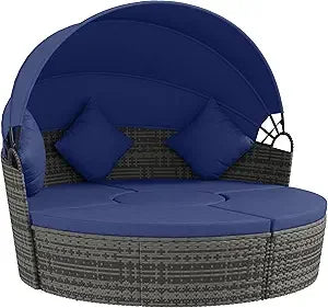 Round Rattan Daybed Patio Furniture Set With Adjustable Sun Canopy