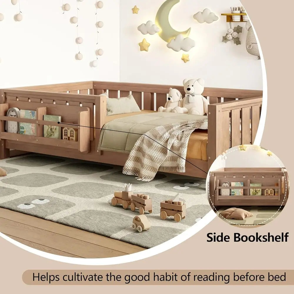 Twin Floor Bed with Slats, Safety Guardrail, Montessori Design, Built-in Bookshelf, Easy Assembly for Kids, Suitable for Girls a