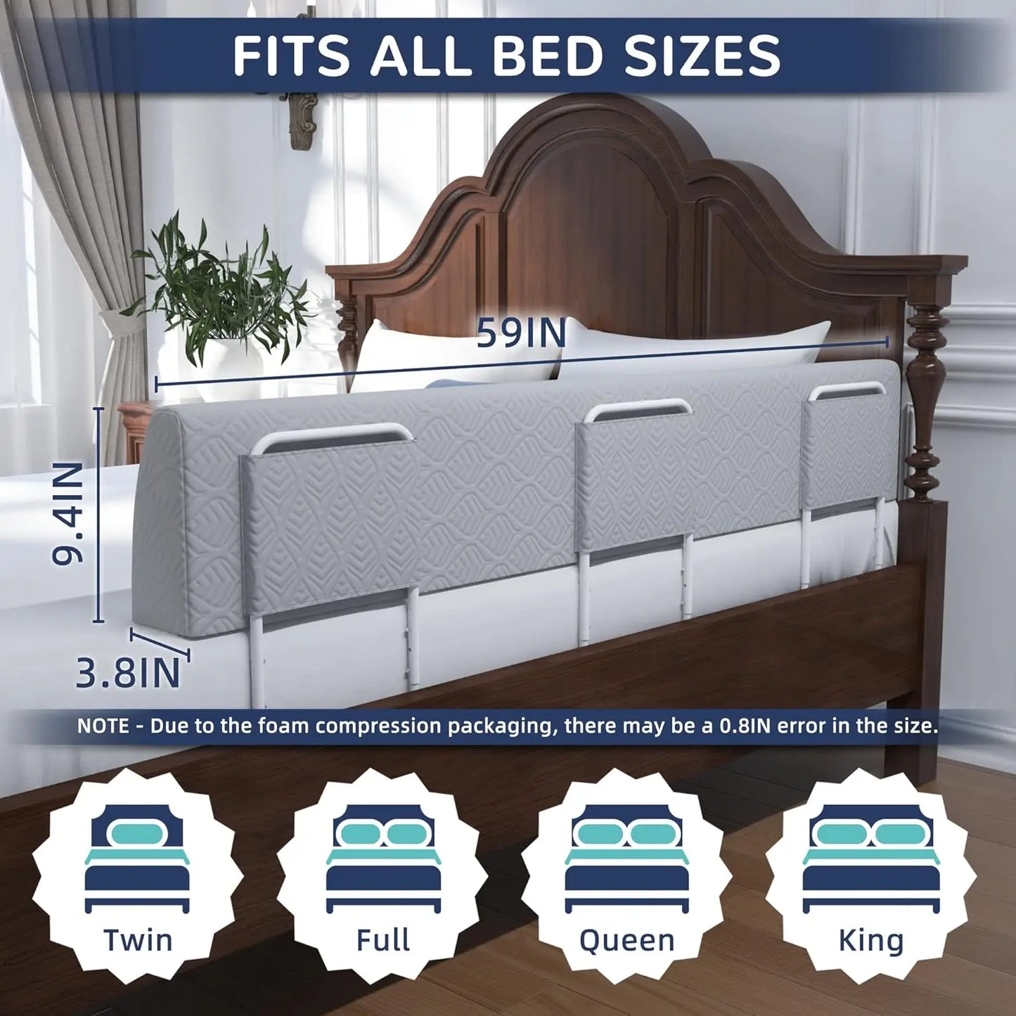Soft Safety Bed Rail Bumper for Toddlers & Kids, Grey 59" with 3 Brackets for Twin to King Beds