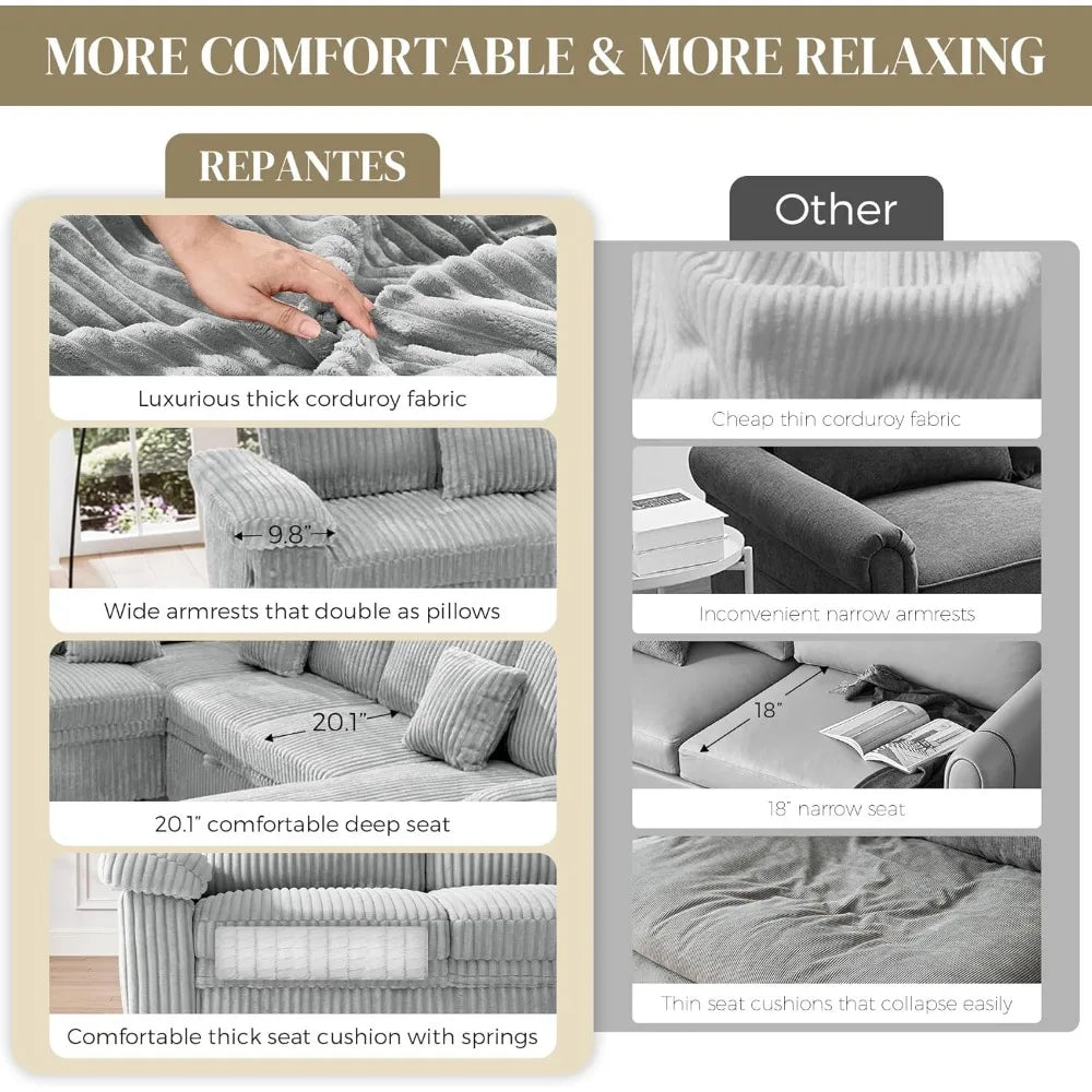 NONECN Sectional Sleeper Sofa With Corduroy Pull Out Bed And Storage Chaise