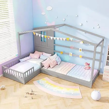 Double Twin Beds for Kids, House L-Shaped Platform Beds with Window & Fences, Wooden Corner Montessori Bed Frame for Boys Girls