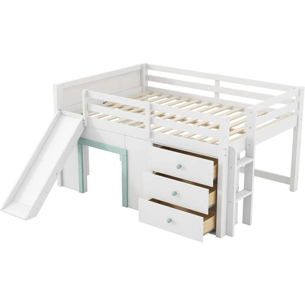 Modern Farmhouse Style Kids Full Size Loft Bed with Slide and Storage Drawers, No Box Spring Required