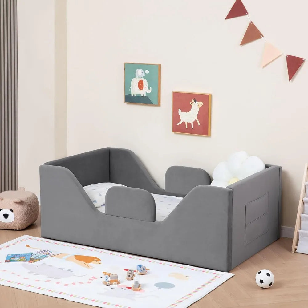 Toddler Floor Bed with Removable Safety Rails Kids Bed, Standard Crib Size, Safety Upholstered