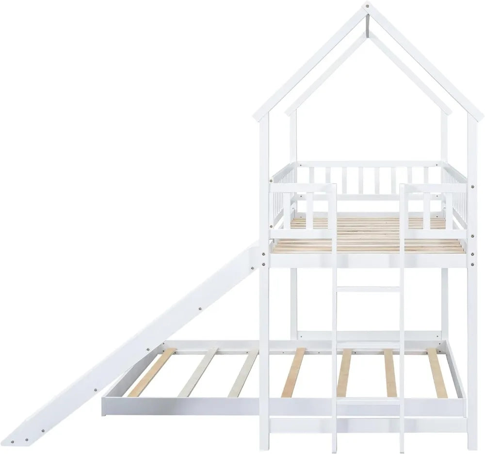 Wooden Twin Over Full Bunk Bed with Slide, Built-in Ladder, Guardrail - Space-Saving House Design for Kids Bedroom