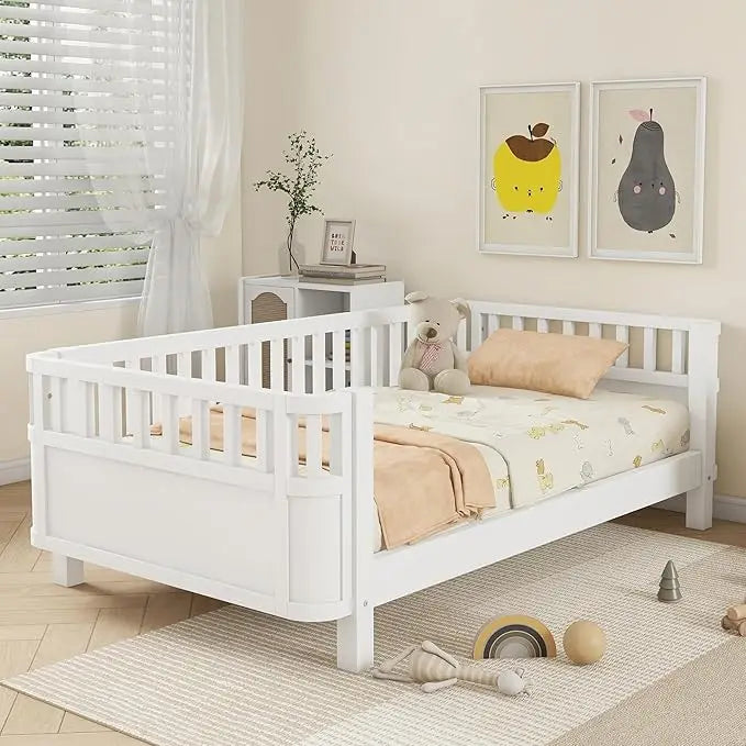 Twin Size Kid Bed with Rails,Wooden Kids Day Bed with Detachable Safety Rails and Rounded Corners, Montessori Bed Frame with Hea