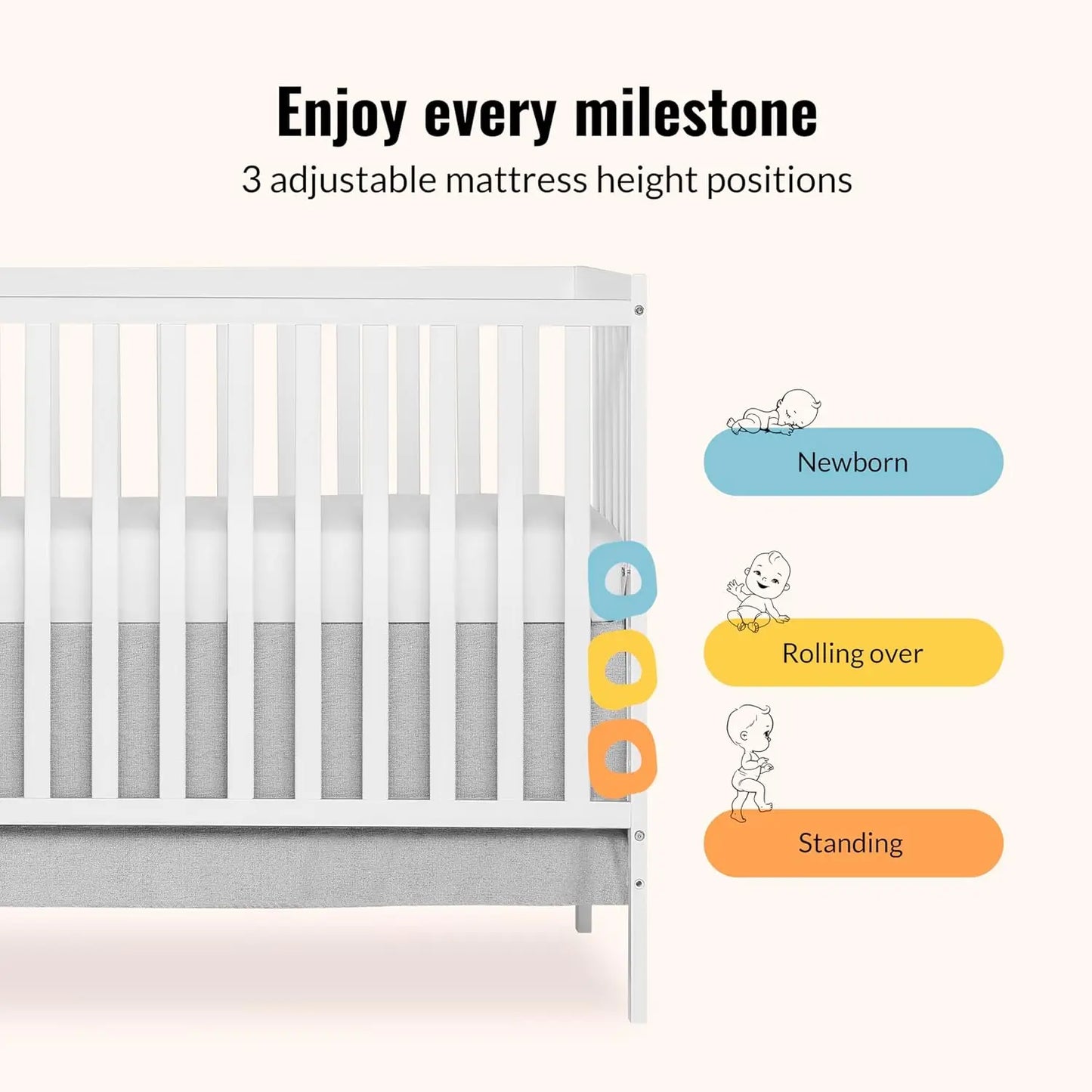 5-in-1 Convertible Baby Crib with Adjustable Height, Sustainable Pinewood, GREENGUARD Gold Certified for Safe Sleep