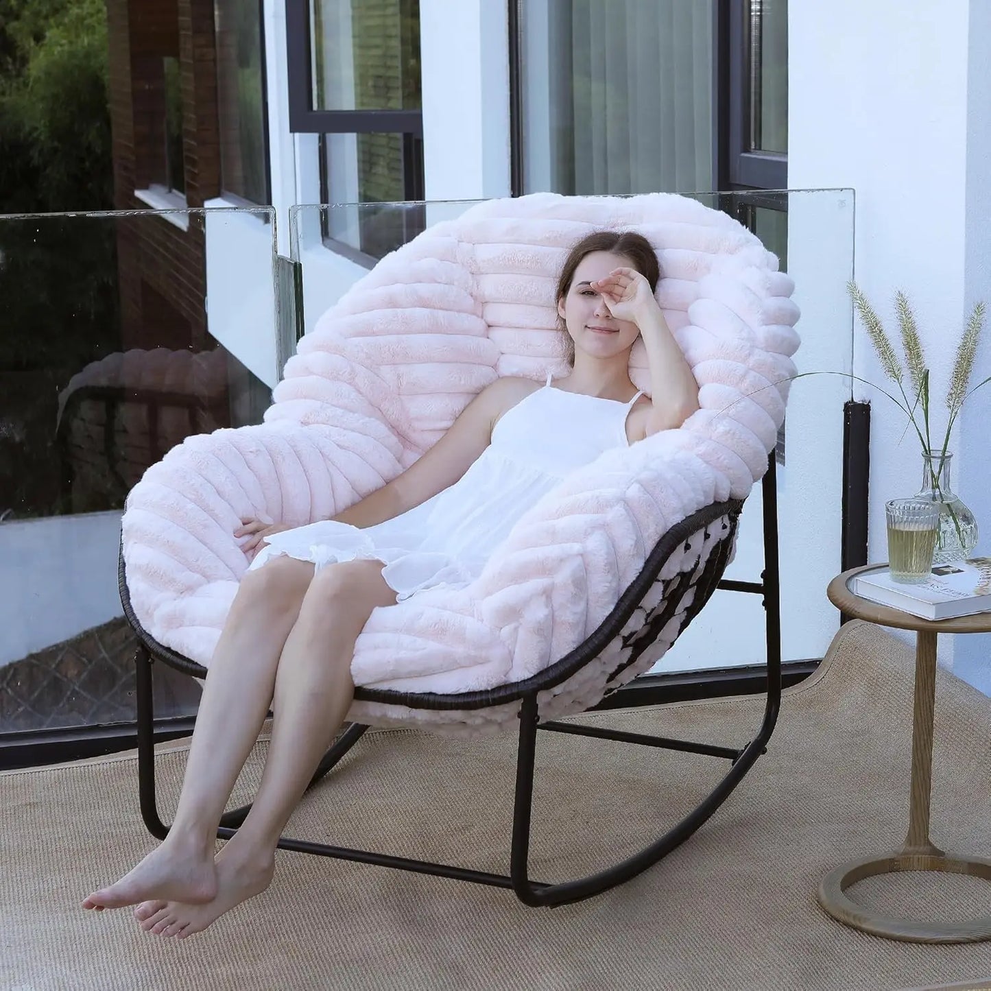 "Outdoor Wicker Egg Swing Chair, Comfortable Oversized Indoor Papasan Seat with Cushion, Royal Rattan Rocking Furniture"