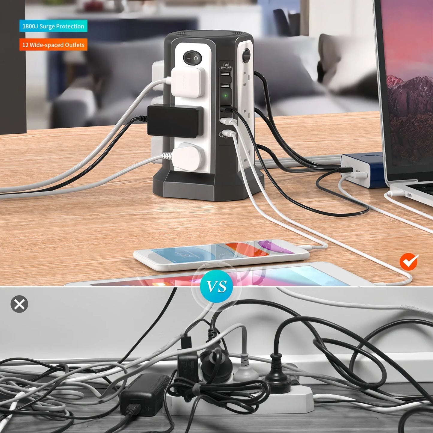 US Multifunction Socket With USB C PD18W 2500W Fast Charging And On Off Controls