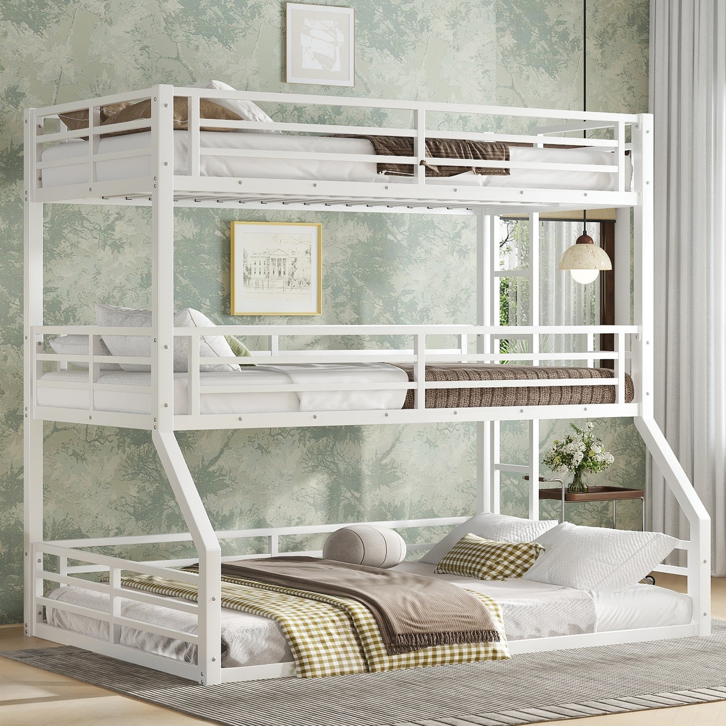 Metal Triple Bunk Bed With Safety Guardrails For Shared Rooms