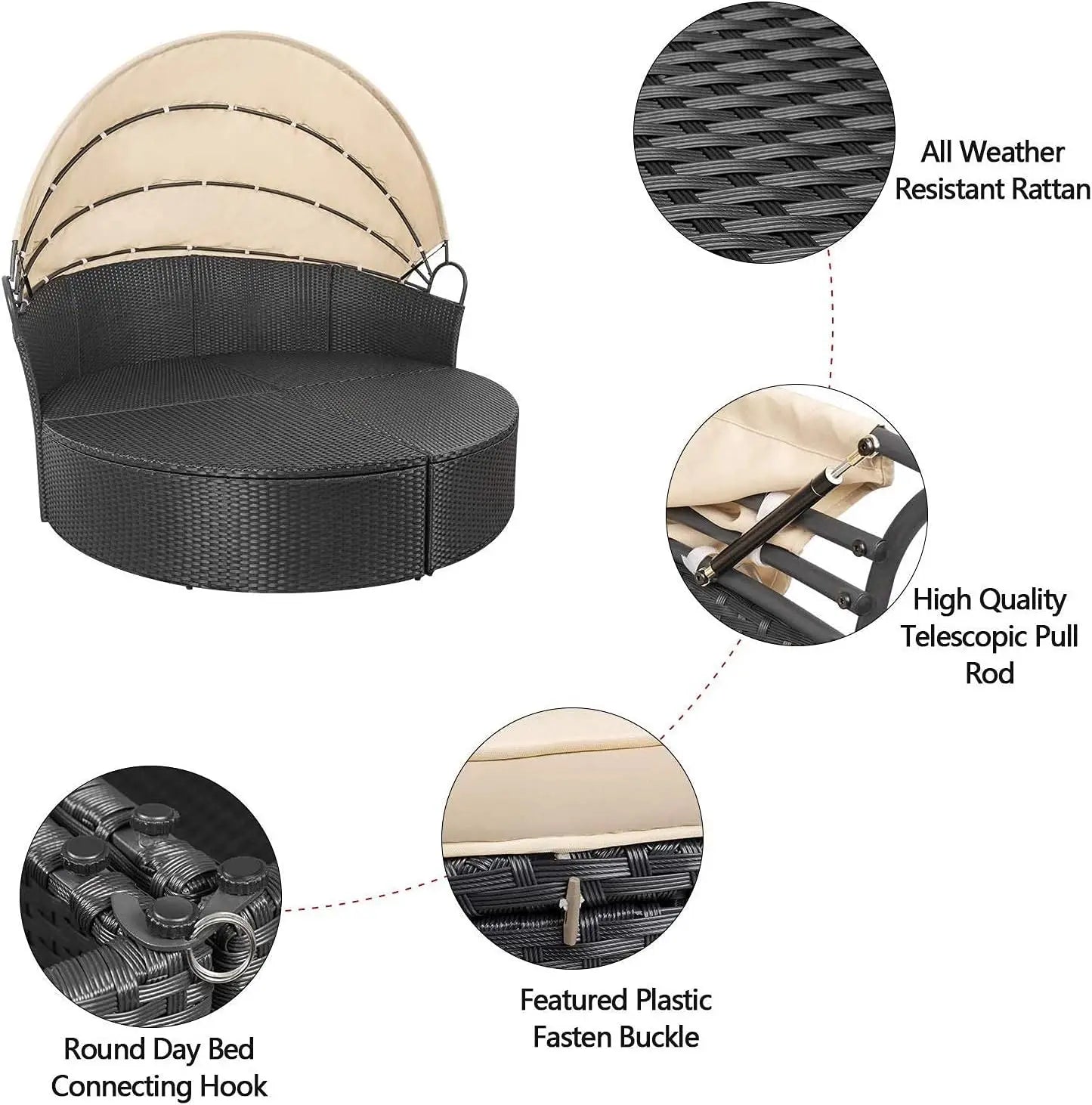 Outdoor Daybed With Retractable Canopy Rattan Wicker Sectional Washable Cushions