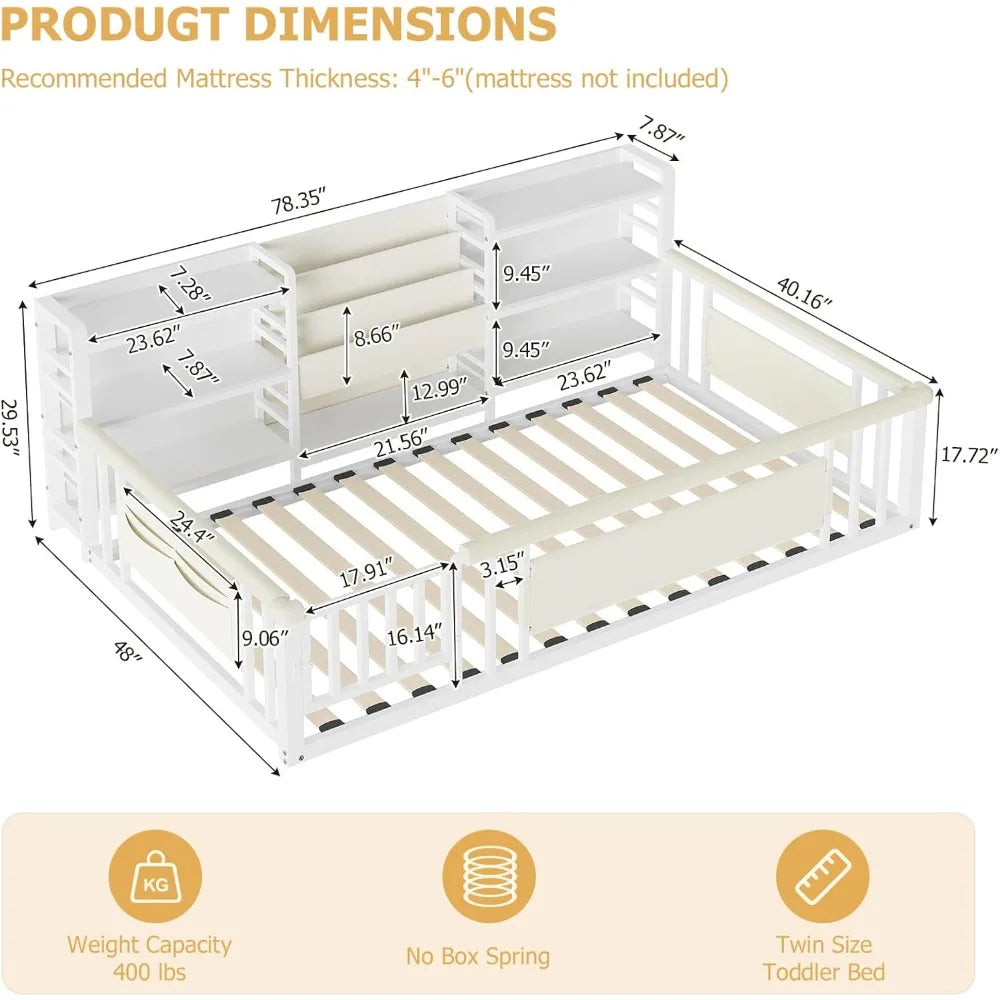 DAFIFY Montessori Floor Bed With Storage Bookcase And Safety Rails For Kids