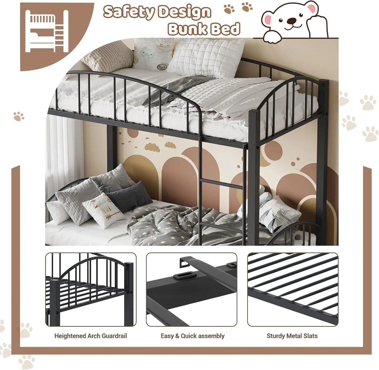Metal Bunk Bed Twin Over Twin with Stairs and Arched Guardrail Space Saving Ideal for Girls and Boys Room and Dorm, Black