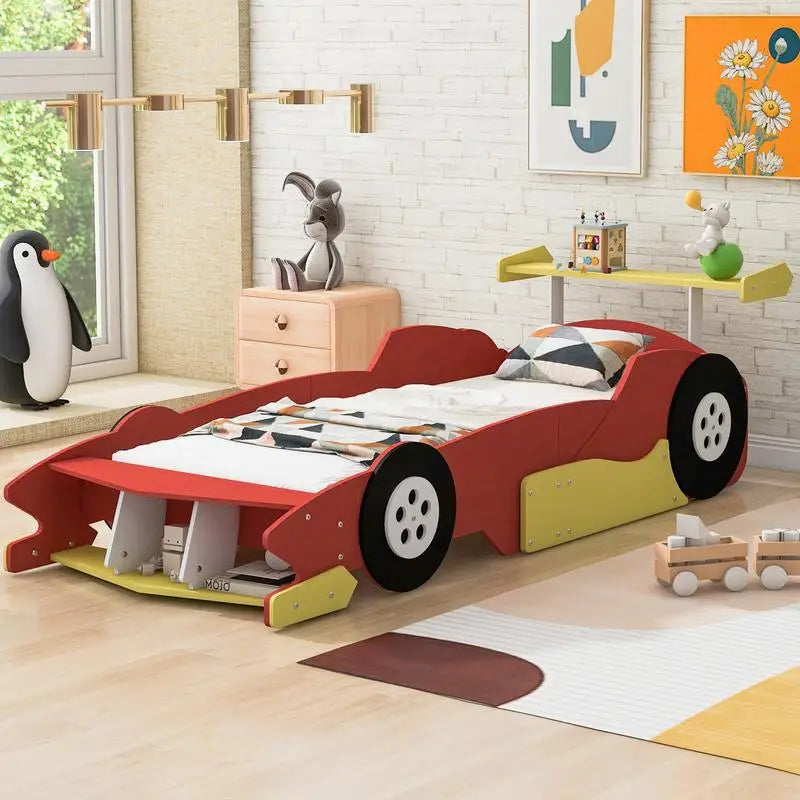 Twin Race Car Platform Bed with Wheels, Red Color, Kids' Room Furniture