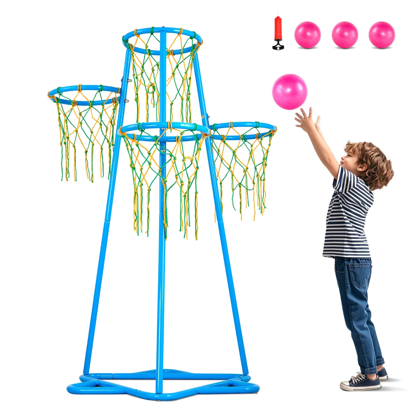SucceBuy 4-Hoop Kids Basketball Hoop Stand With Adjustable Heights