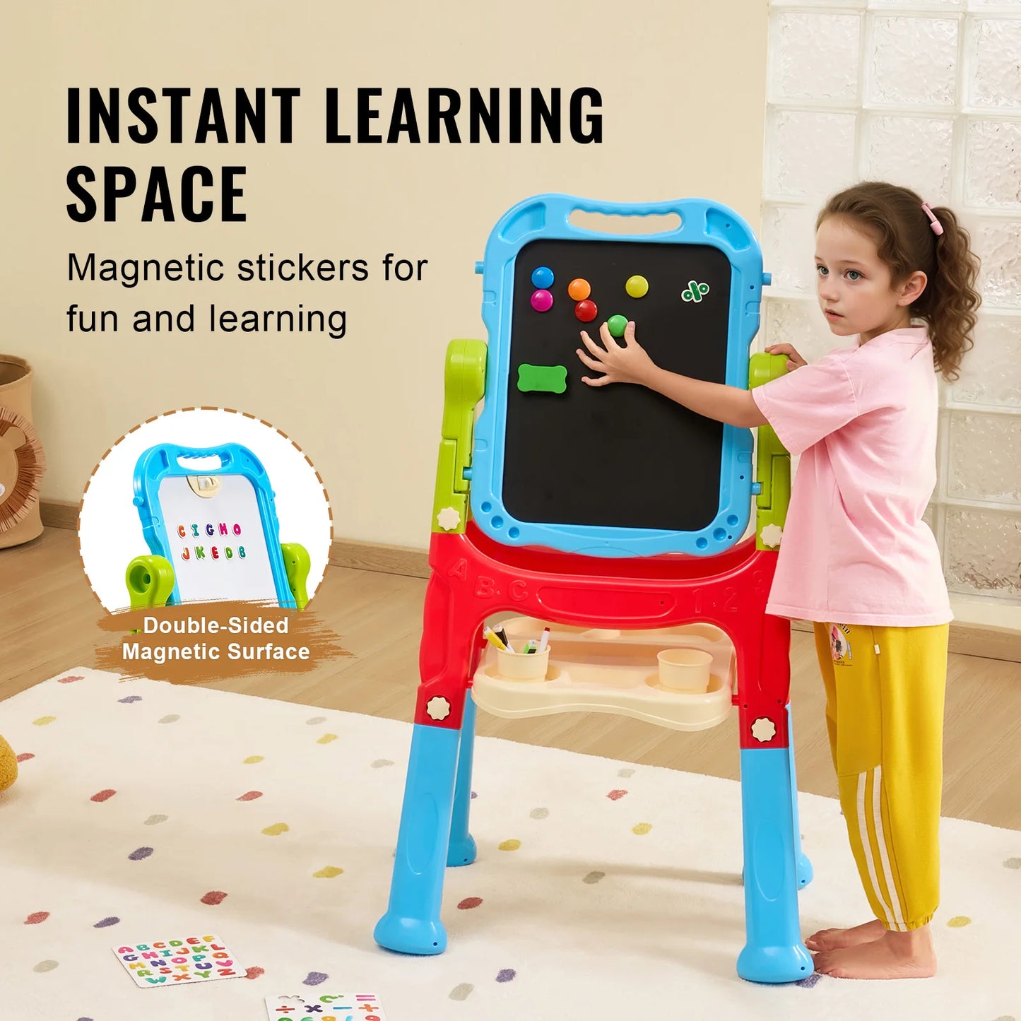 SucceBuy Magnetic Drawing Board With Chalkboard Easel For Kids