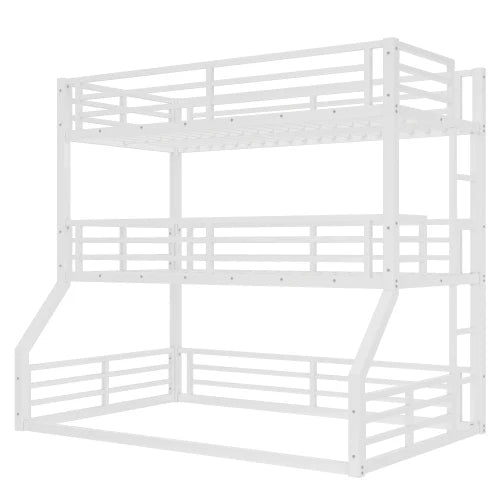 Twin over Twin over Full Bunk Bed, Metal Triple Bunk Bed with Safety Guardrails, Heavy-duty Bunk Bed