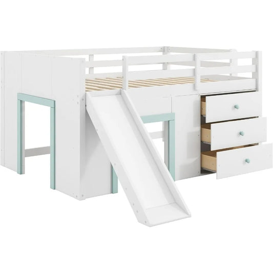 Modern Farmhouse Style Kids Full Size Loft Bed with Slide and Storage Drawers, No Box Spring Required