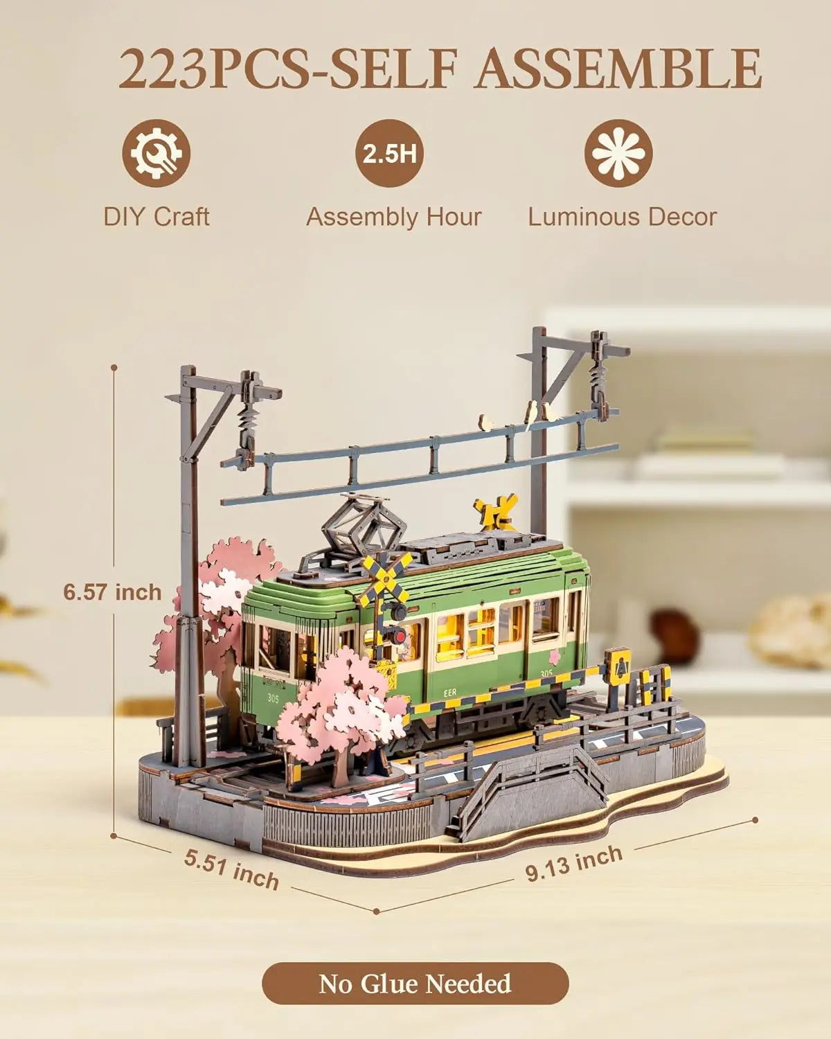 Robotime Sakura Journey Tram 3D Wooden Puzzle Kit 223 Pieces