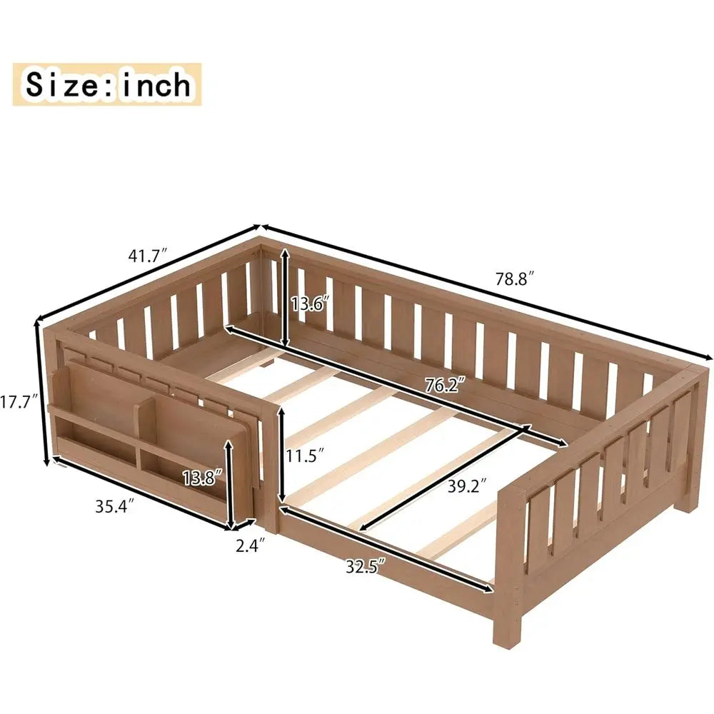 Twin Floor Bed with Slats, Safety Guardrail, Montessori Design, Built-in Bookshelf, Easy Assembly for Kids, Suitable for Girls a