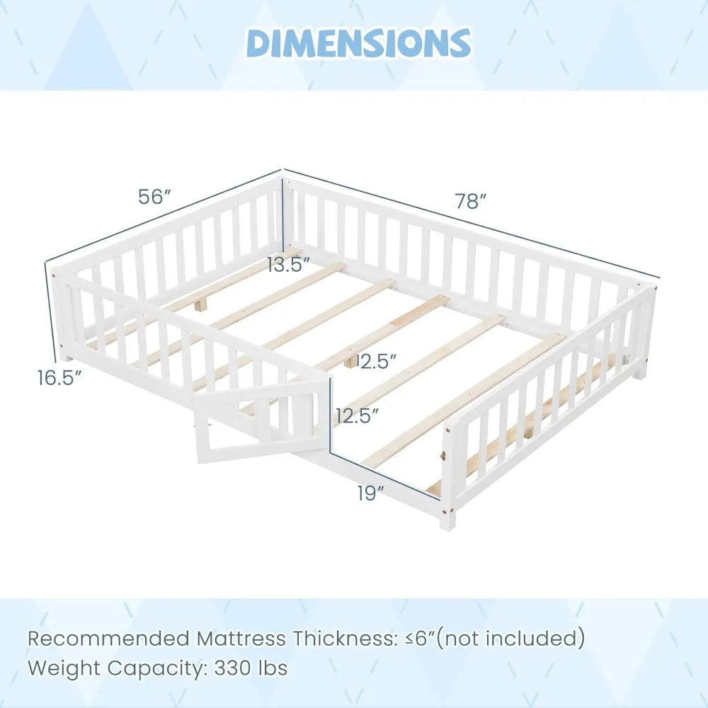 Full Size Montessori Floor Bed for Kids with Safety Guardrails & Door, Low Profile Solid Wood Frame, White