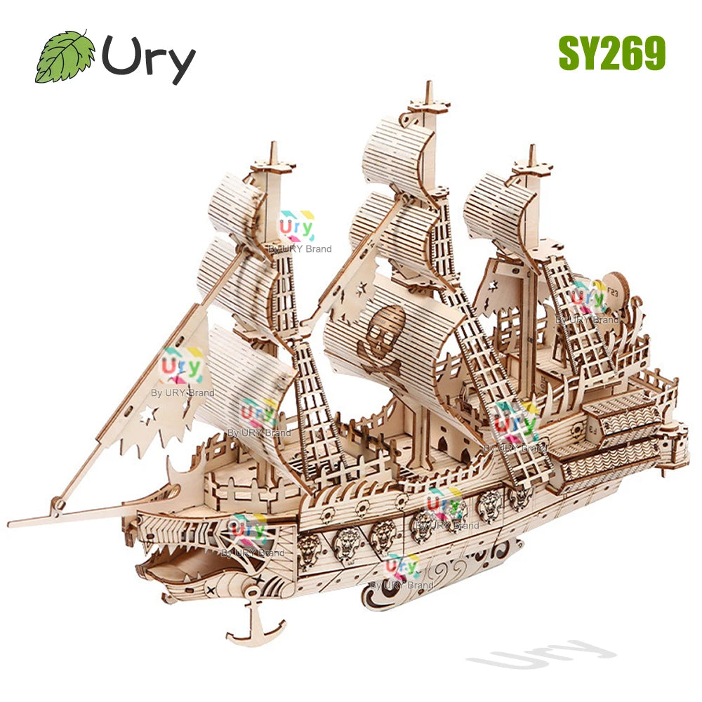 Ury DIY 3D Wooden Puzzle Halloween Ghost Pirate Ship Model For Home Decor