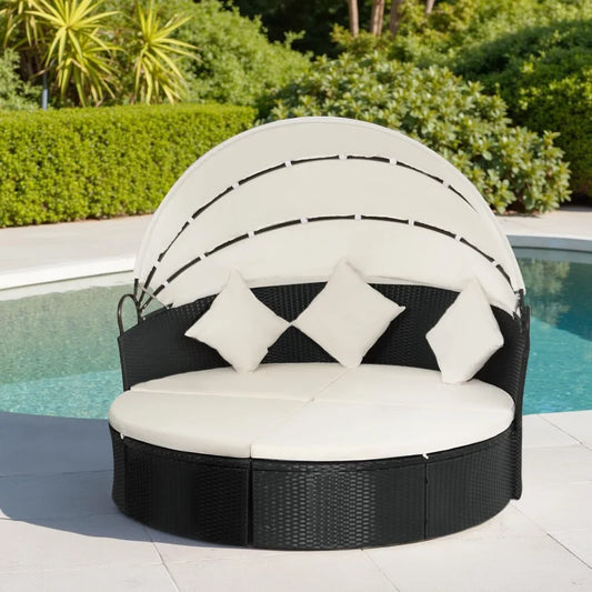 Outdoor Round Wicker Daybed With Retractable Canopy