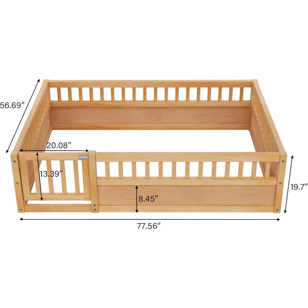 Full Size Floor Bed Frame with Convertible Door & Guardrails for Girls & Boys Bedroom, Montessori Bed/Near Ground Safety Design