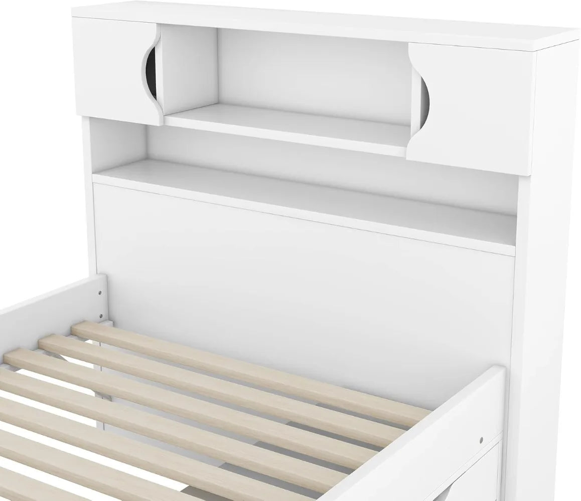 Twin Size Captains Bed Frame with Storage Drawers, Wood Platform Bed with Bookcase Headboard for Kids Teens, White