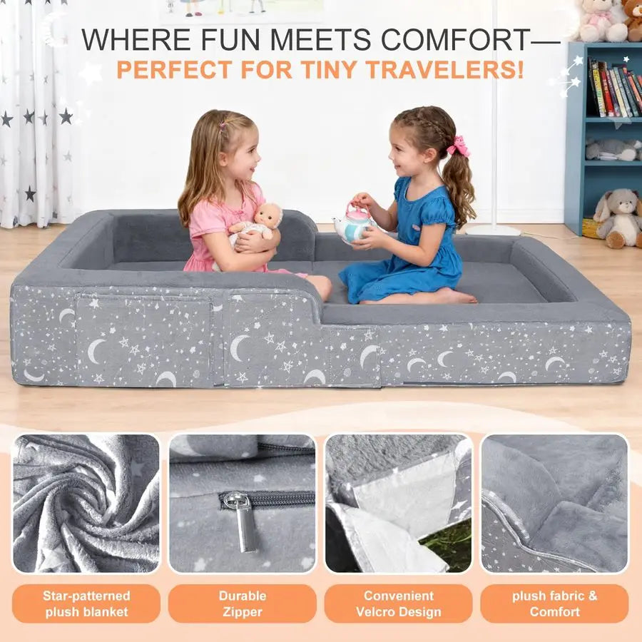 Toddler Travel Bed, 2 in 1 Foldable Toddler Bed Sofa Chair, Soft Baby Kids Travel Floor Beds with Washable Cover, Blanket, Safet