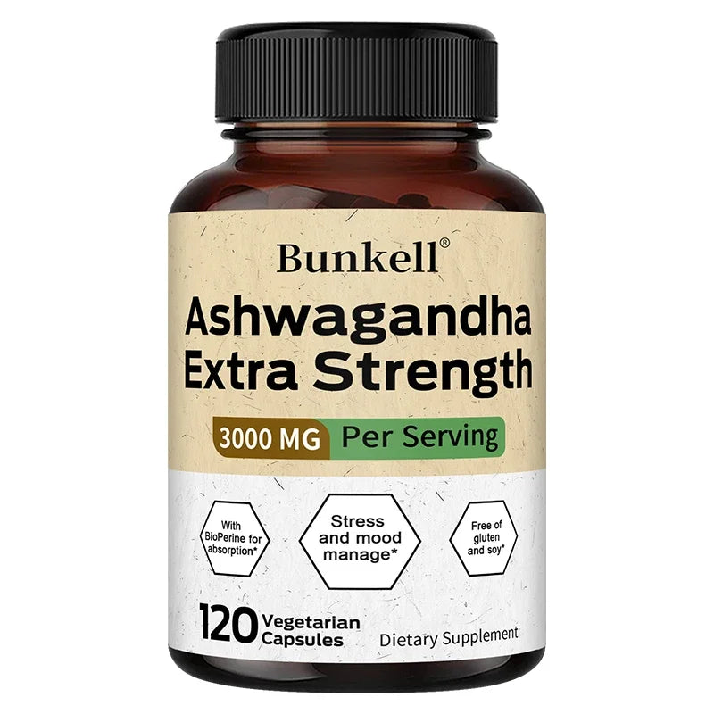 Ashwagandha 3000 mg, Black Pepper Extract, helps balance stress and manage mood, improves sleep quality