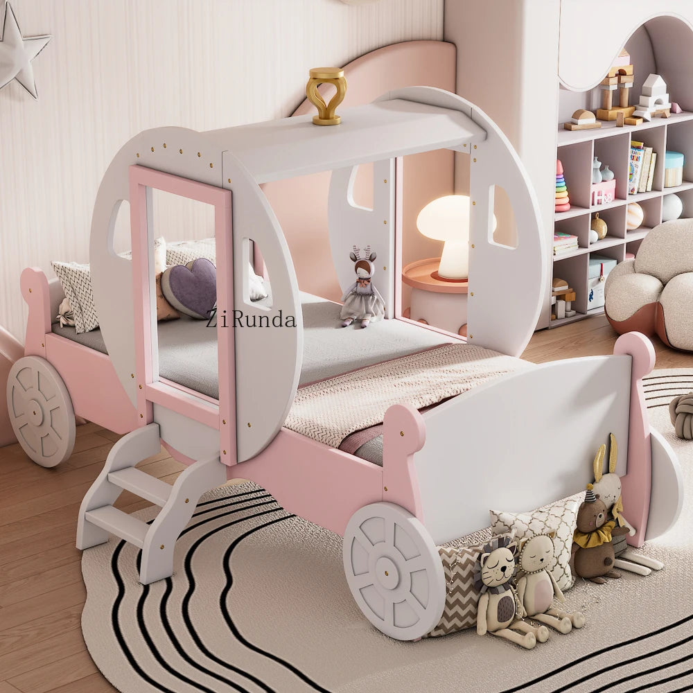 Twin princess carriage bed with crown, wooden platform lathe, stairs, white+pink