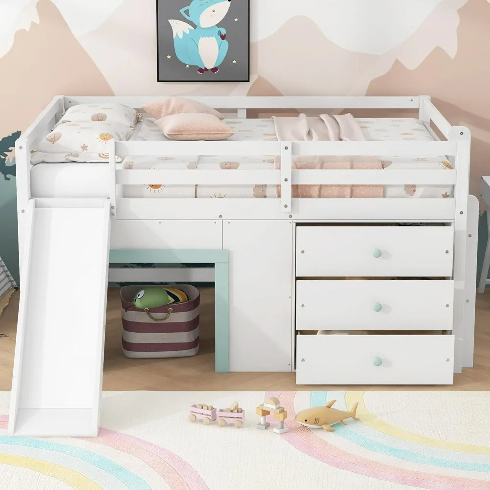 Modern Farmhouse Style Kids Full Size Loft Bed with Slide and Storage Drawers, No Box Spring Required