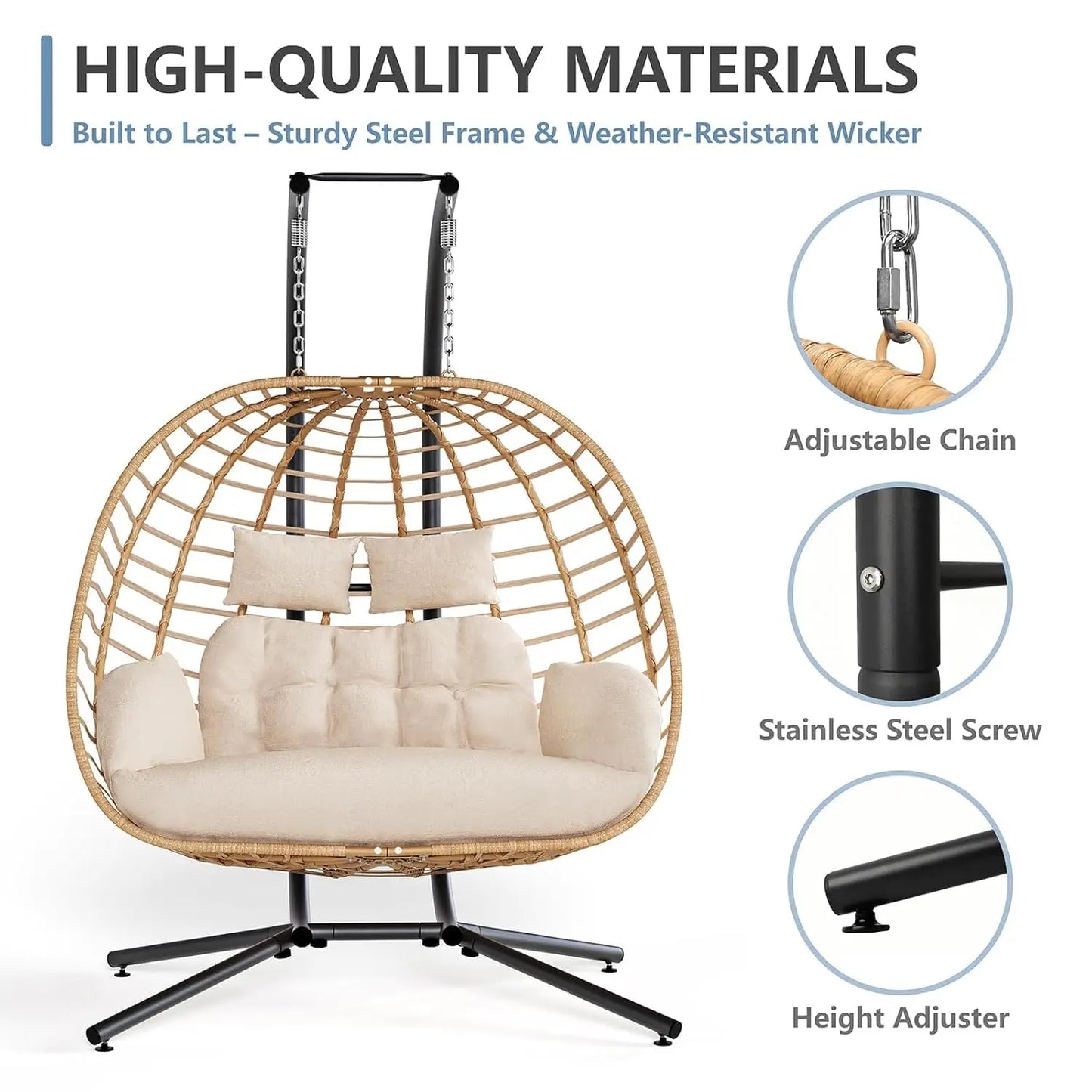 Double Hanging Egg Chair with Stand, Outdoor Patio 2 Person Wicker Hammock Swing Chairs with Cushion Loveseat for, Customized