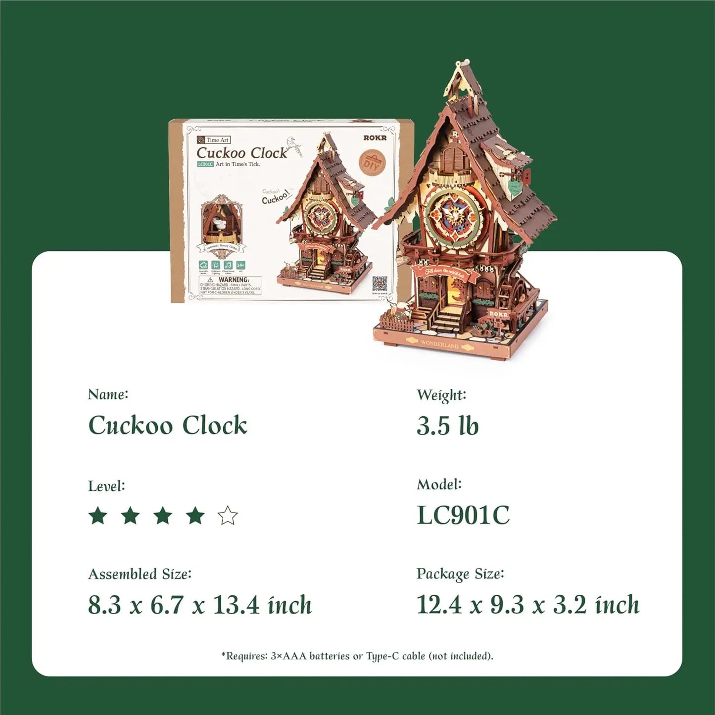 Robotime Rokr 3D Wooden Puzzle Cuckoo Clock Kit Working Bird