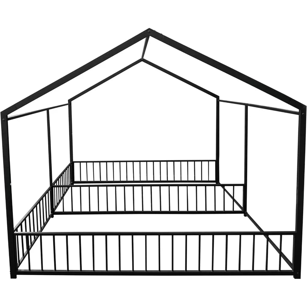 Double Montessori Floor Bed with Fence & Roof for Two Kids Teens Boys Girls,Twin Floor Bed,Easy Assemble,No Box Spring Needed, B