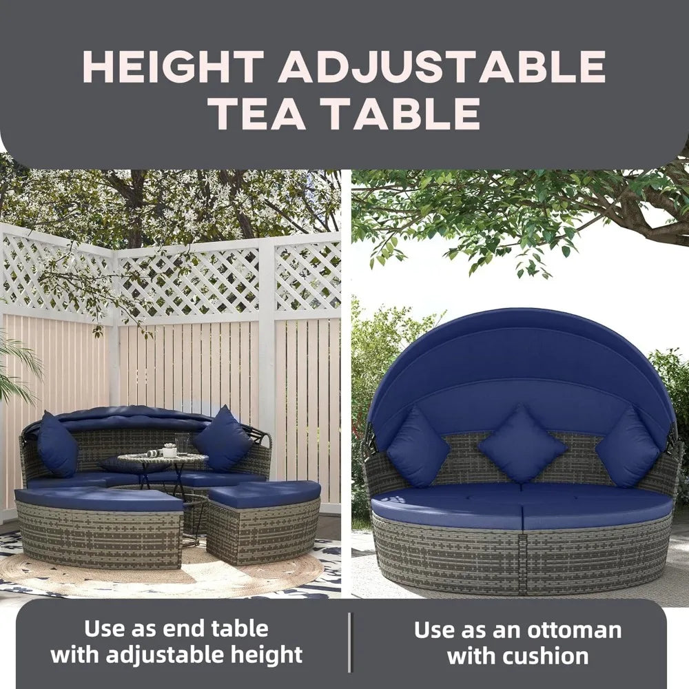 Round Rattan Daybed Patio Furniture Set With Adjustable Sun Canopy