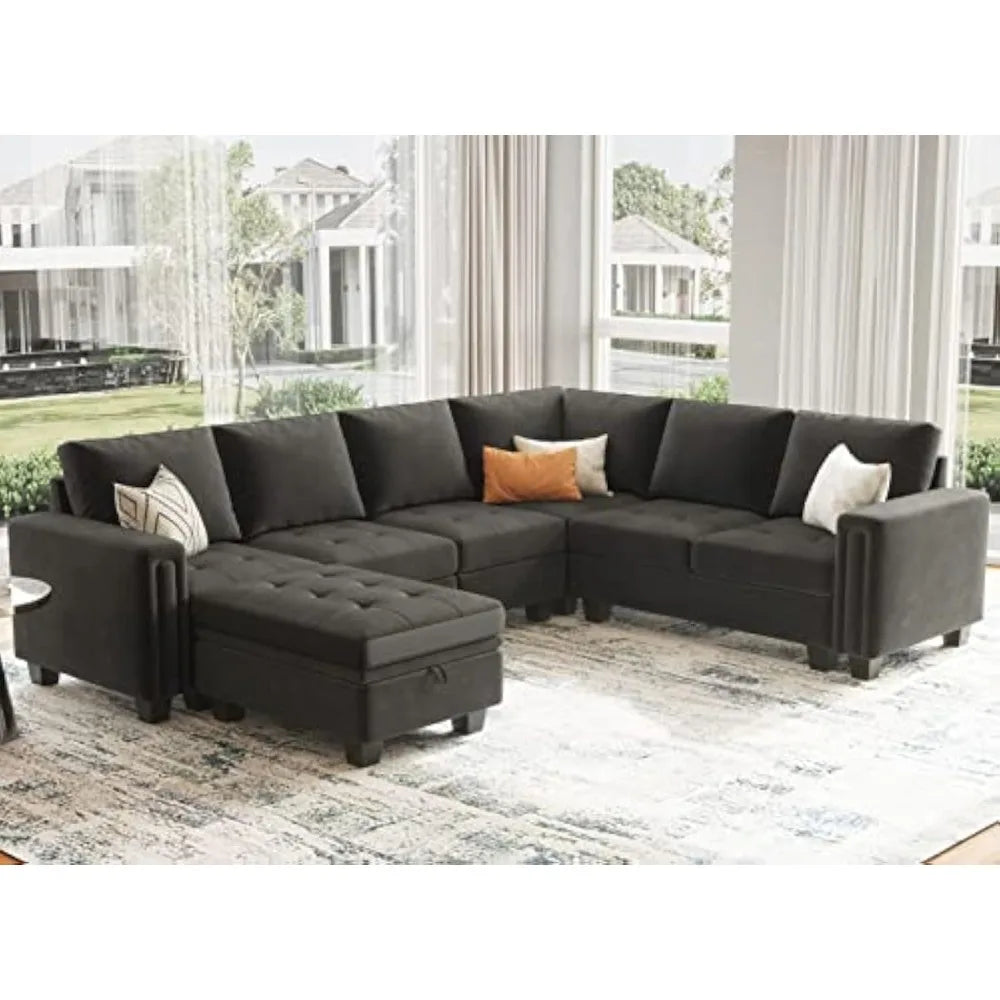 Velvet Modular Sectional Sofa With Storage Ottoman And Reversible Chaise