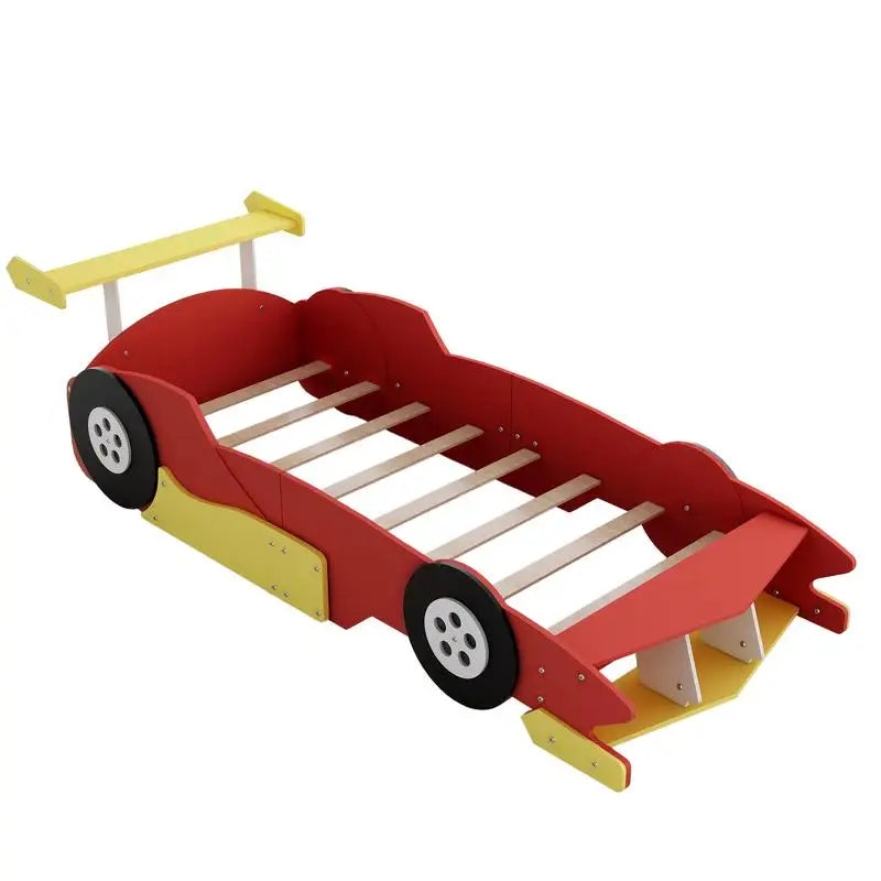 Twin Race Car Platform Bed with Wheels, Red Color, Kids' Room Furniture