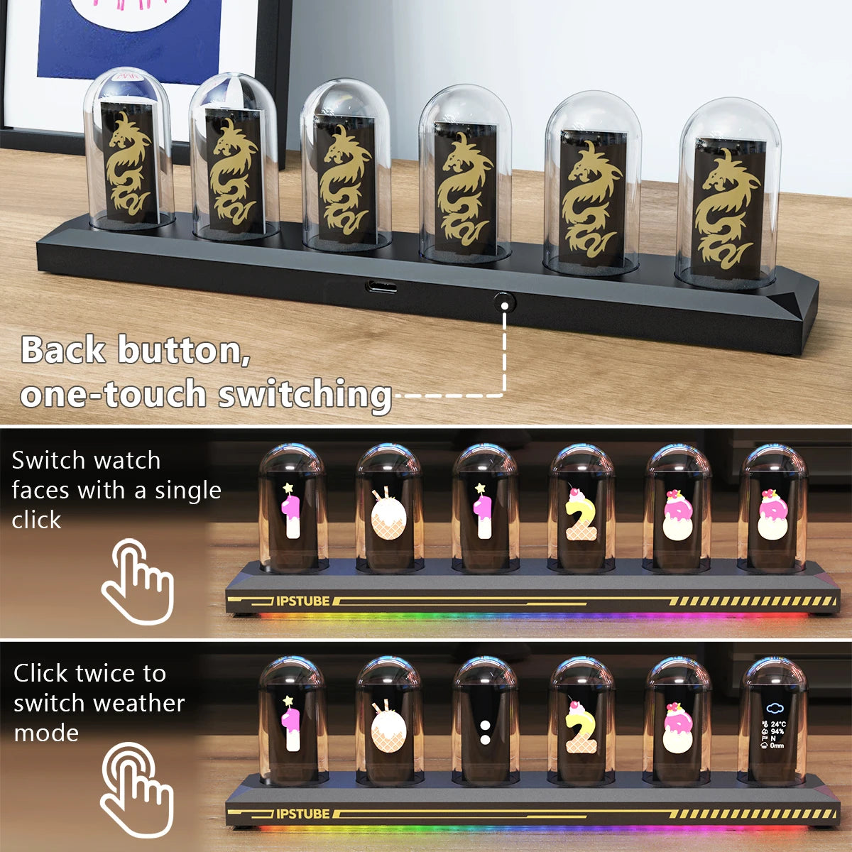 Night Light DIY Nixie Tube Clock Kit Simulation, Digital Clock APP Time Calibration, 3 Light Mode, 12/24h Display IPS