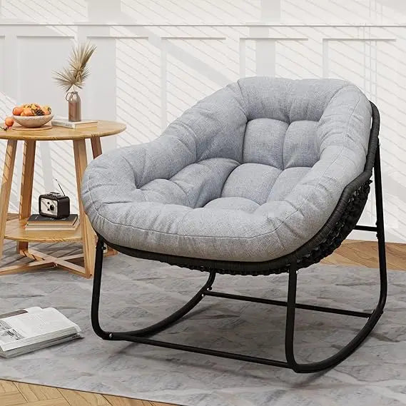 "Outdoor Wicker Egg Swing Chair, Comfortable Oversized Indoor Papasan Seat with Cushion, Royal Rattan Rocking Furniture"