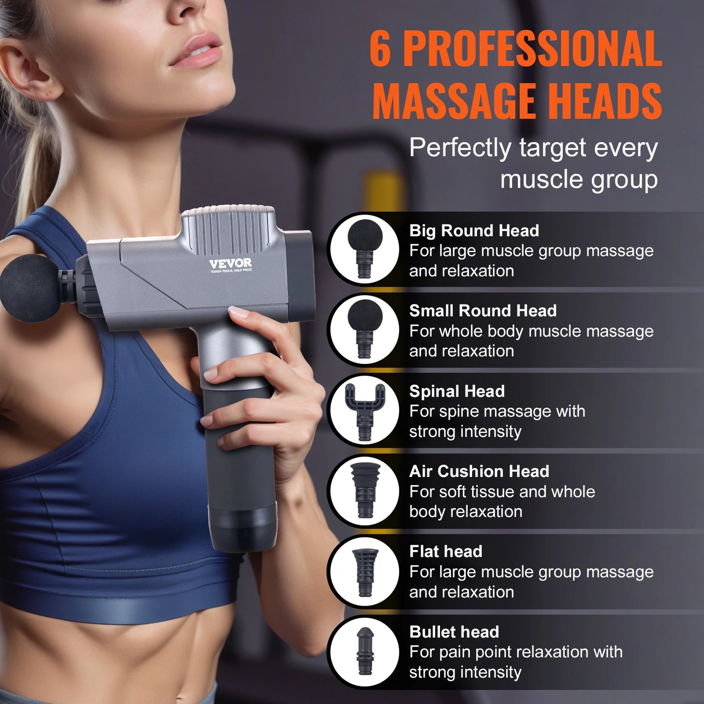 SucceBuy Massage Gun Deep Tissue Percussion Muscle Massager for Athletes w/ 8 Speed Levels 6 Massage Heads 16V 2500mAh Batteries