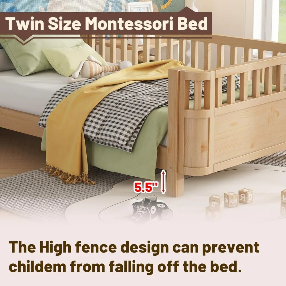 Twin Size Kid Bed with Rails,Wooden Kids Day Bed with Detachable Safety Rails and Rounded Corners, Montessori Bed Frame with Hea