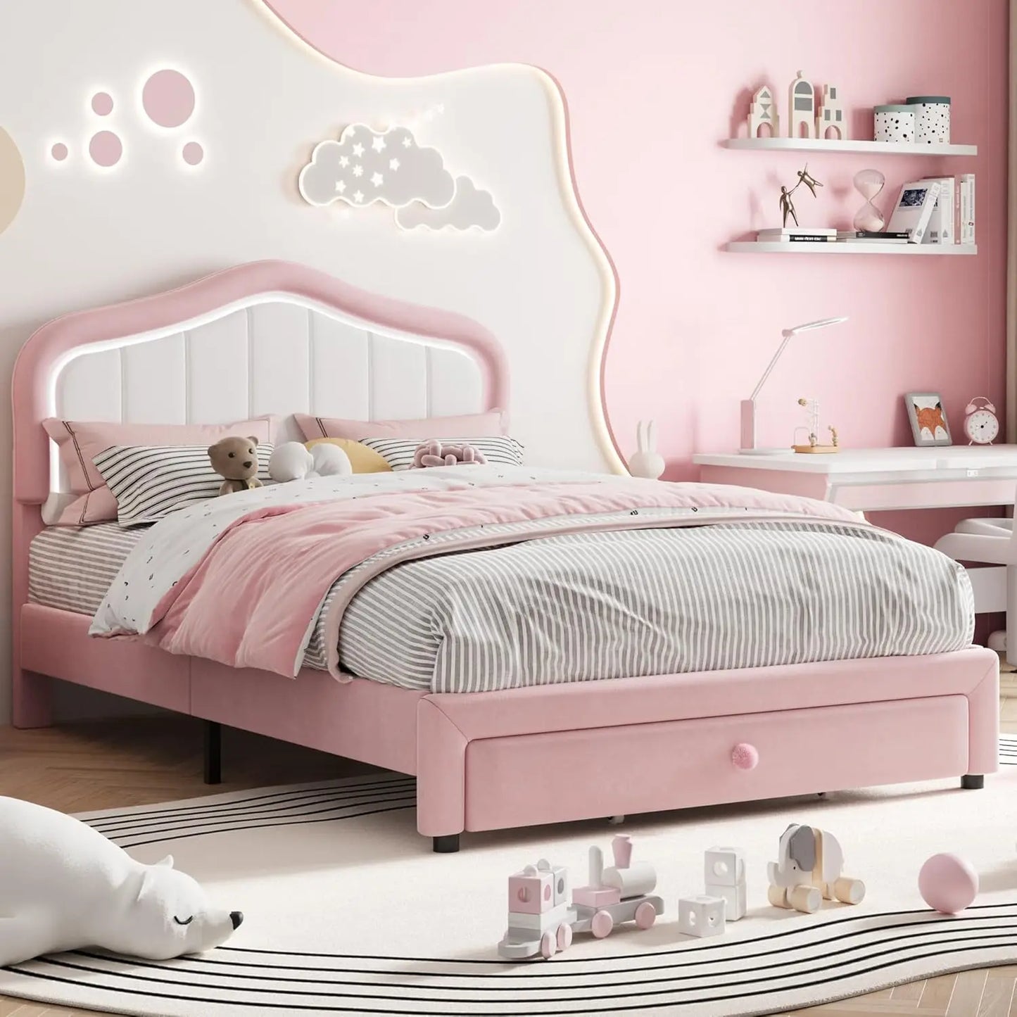 Kids Upholstered Bed Frame with LED Crown Headboard, Velvet Fabric and Metal-Wood Construction, Modern Princess Style Platform B