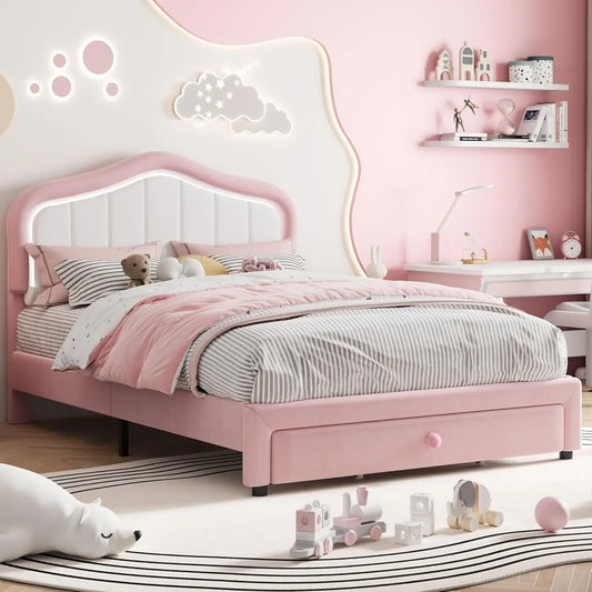 Kids Upholstered Bed Frame with LED Crown Headboard, Velvet Fabric and Metal-Wood Construction, Modern Princess Style Platform B