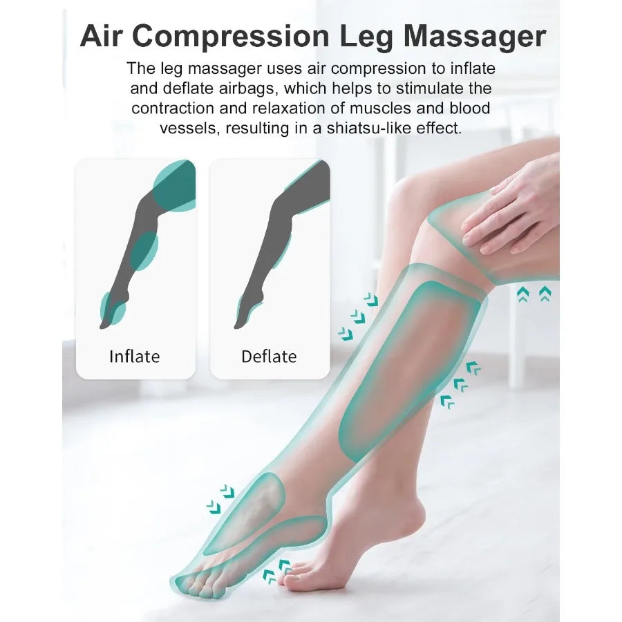 Leg Massager for Circulation and Pain Relief Air Compression Foot Calf Thigh Massager with 2 Heat and 3 Vibration Functions 6 M