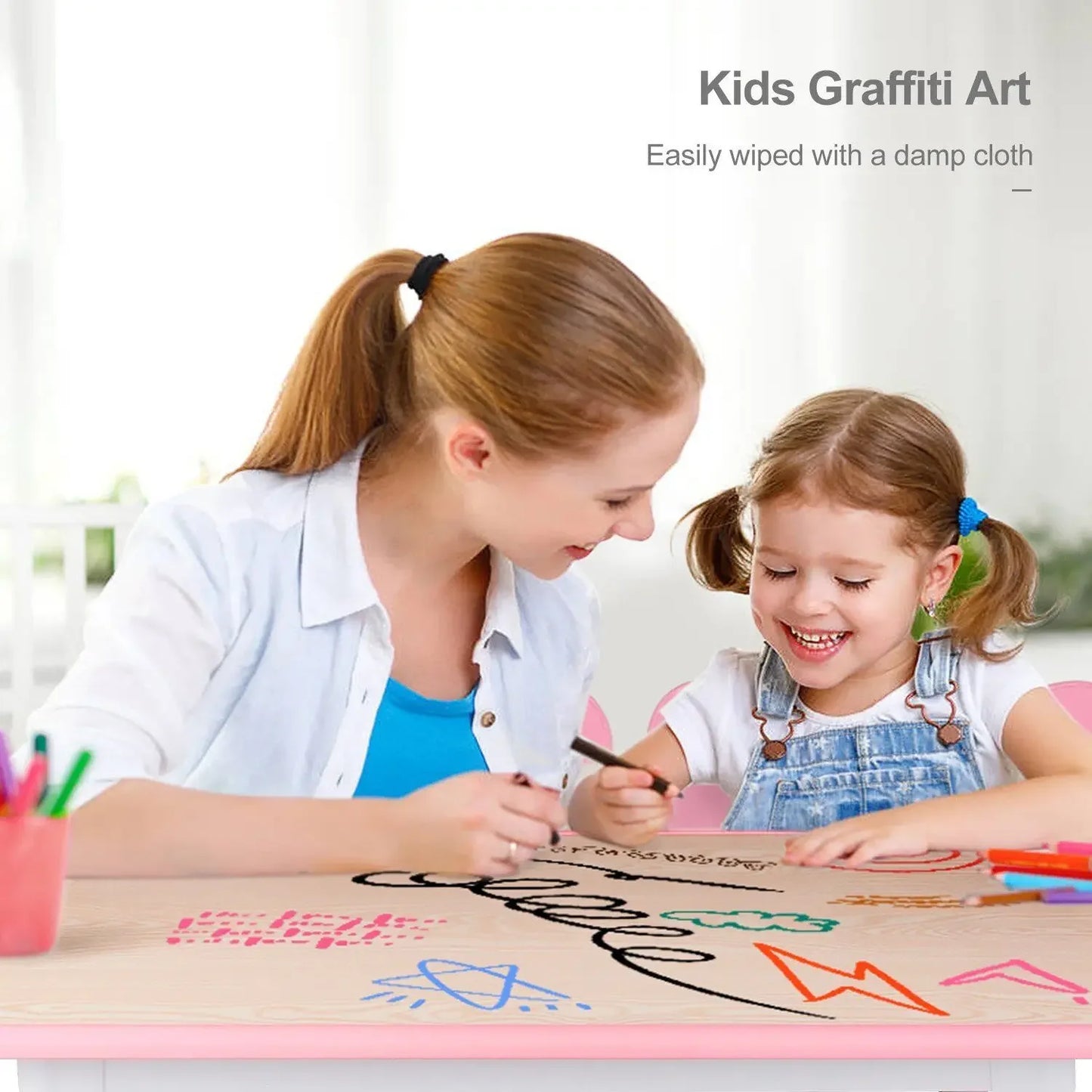 AuAgHign Kids Height Adjustable Table And 4 Chairs Graffiti Desktop