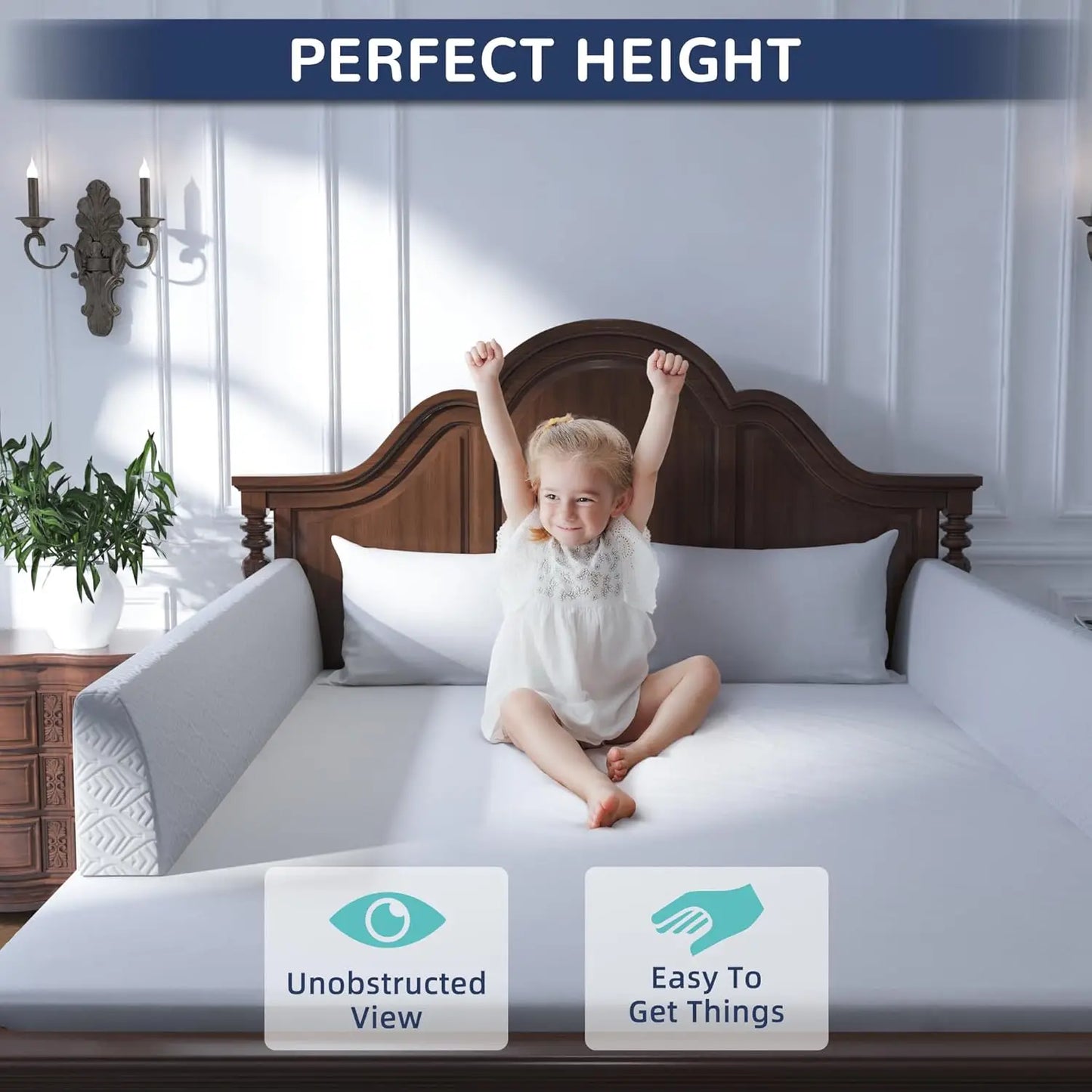 Soft Safety Bed Rail Bumper for Toddlers & Kids, Grey 59" with 3 Brackets for Twin to King Beds