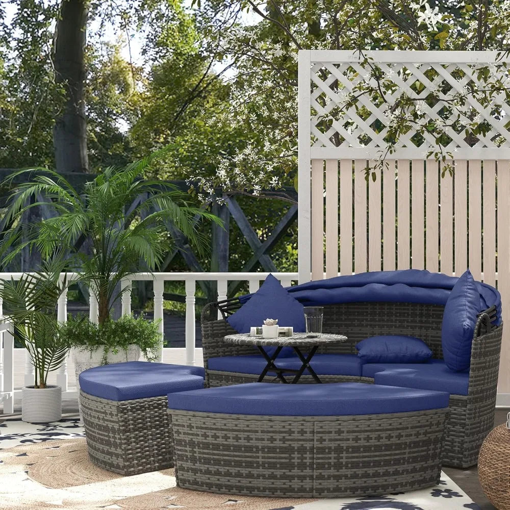 Round Rattan Daybed Patio Furniture Set With Adjustable Sun Canopy