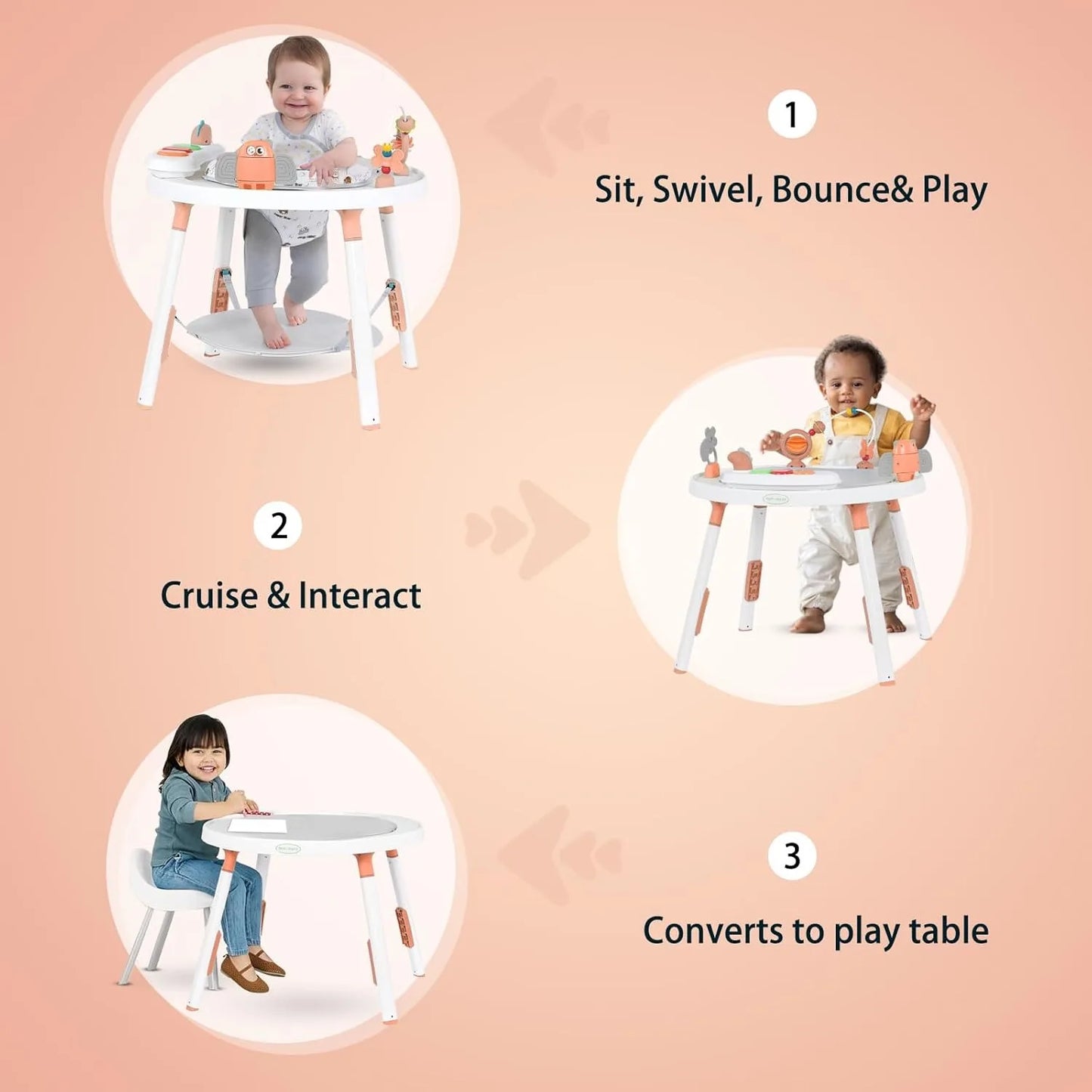 Baby activity center, 3-in-1 with detachable toys and 360 degree rotating seat, ideal for toddler development and entertainment